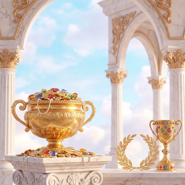 Ornate golden urn overflowing with treasure coins