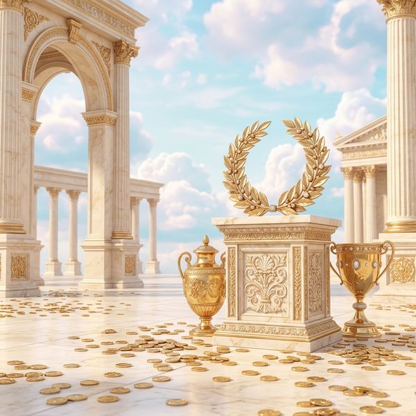 Golden laurel wreath resting on marble column pedestal