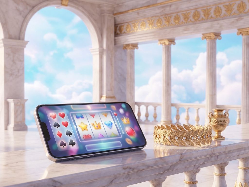 Smartphone displaying casino lobby on marble pedestal